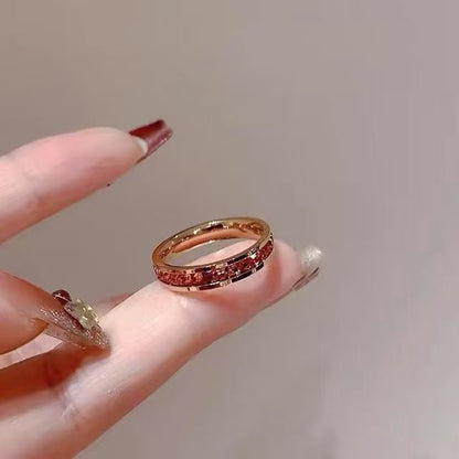 「カラフルスクエアダイヤモンド一周デザイン レディース薬指用チタンペアリング 日韓スタイル満天星冷淡風」