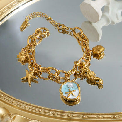 マリンスタイル 金色ブレスレット（ヒトデ・シーホース・貝殻・カニペンダント付き）レトロヴィンテージ調 真珠アクセサリー