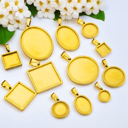 ステンレス鋼 ペンダントトレイ ハンドメイド DIY ブレスレット・ネックレス用 トレンドアクセサリーパーツ ゴールドシードボタン付き
